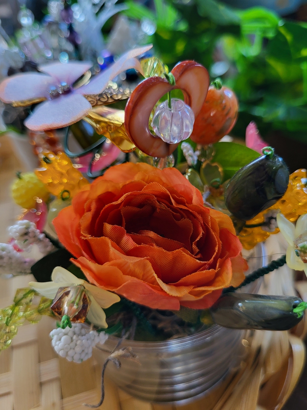 Orange Fabric Rose In Beaded Floral Arrangement